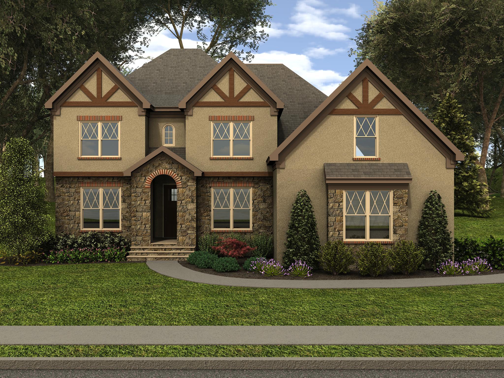 House plan exterior: two-story Tudor-style home with stone accents, decorative half-timbering, and multiple gables.