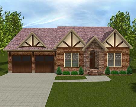 House plan exterior features stone arch entryway, decorative timber gables, shingle siding, and a side-facing two-car garage.