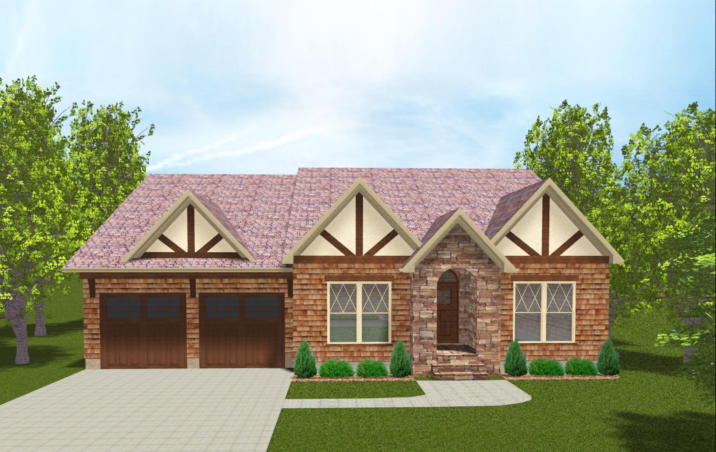 House plan exterior: One-story home with stone arch entry, timber accents, shingle siding, and a three-car garage.