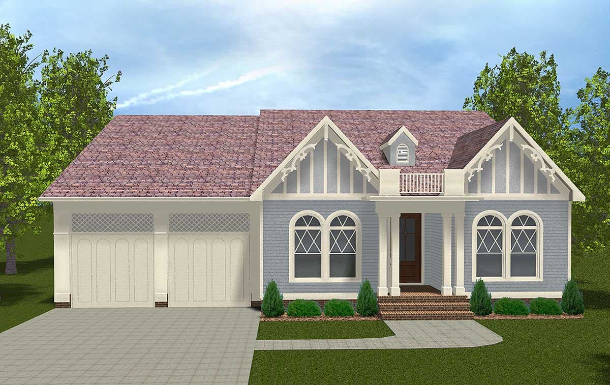 House plan exterior with two-car garage, gabled dormer, arched windows, and decorative gable brackets.