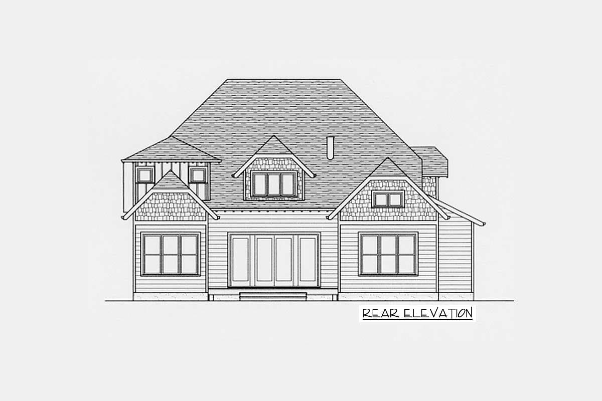 Rear elevation house plan drawing showing shingle siding, gables, dormers, and multi-panel doors.