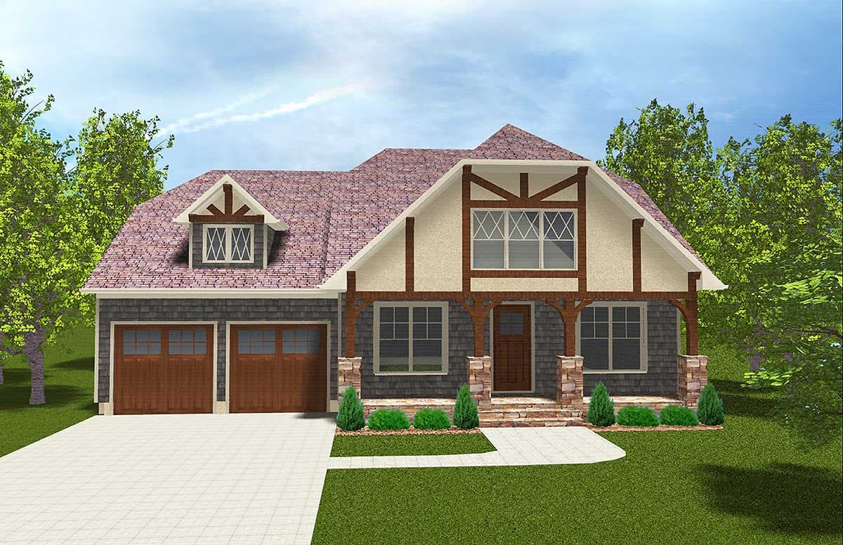 House plan exterior: Two-story Tudor style with dual garage doors, arched entry porch, dormer window, and decorative timber framing.