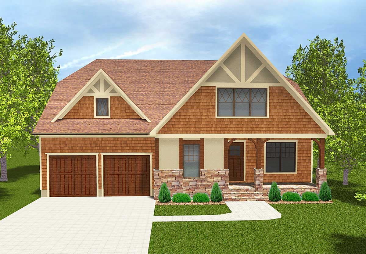 House plan exterior of a two-story Craftsman home with double garage, stone accents, gabled dormers, and a covered front porch.