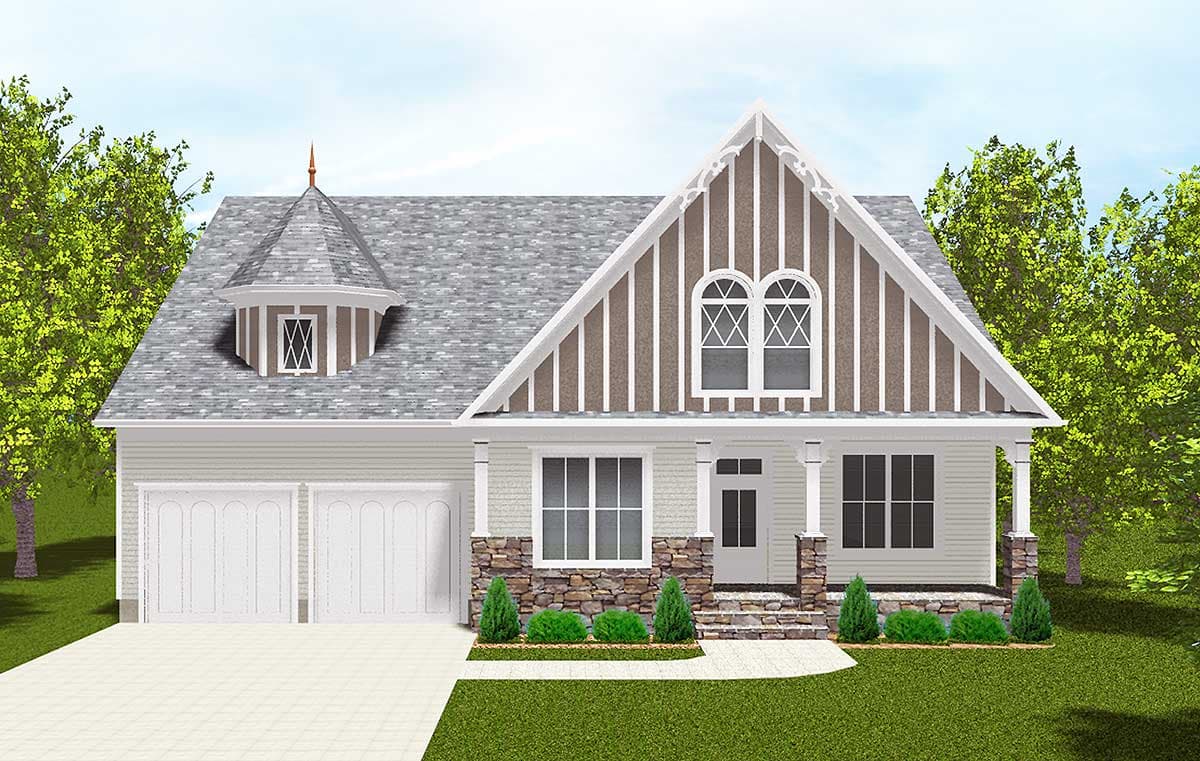 House plan exterior: One-story Modern Farmhouse with dual garage doors, a turret dormer, decorative gables, and stone-clad porch columns.