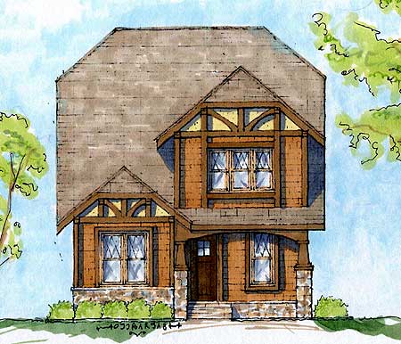House plan exterior of a two-story Craftsman style home with stone foundation, exposed rafter tails, and gabled dormers.
