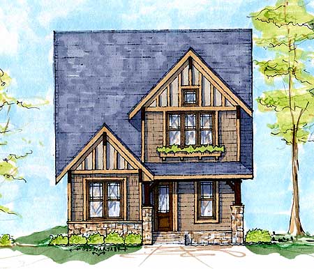 Craftsman style house plan exterior with gables, stone accents, a covered front porch, and multiple windows.