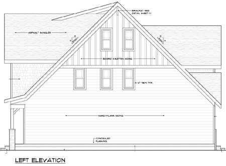 Left elevation of a house plan showing asphalt shingles, board and batten siding, and lap siding.