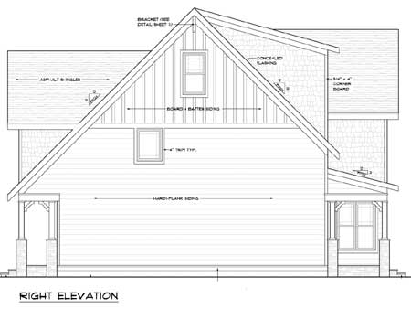 Right elevation house plan with gabled roof, board and batten siding, and two covered porches.