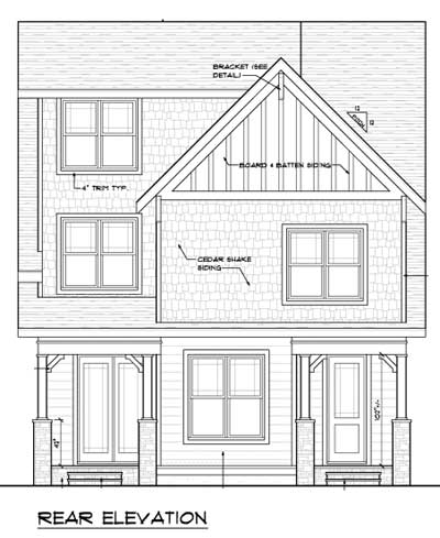 Rear elevation house plan drawing showing two stories, cedar shake siding, board and batten gable, and covered porches.
