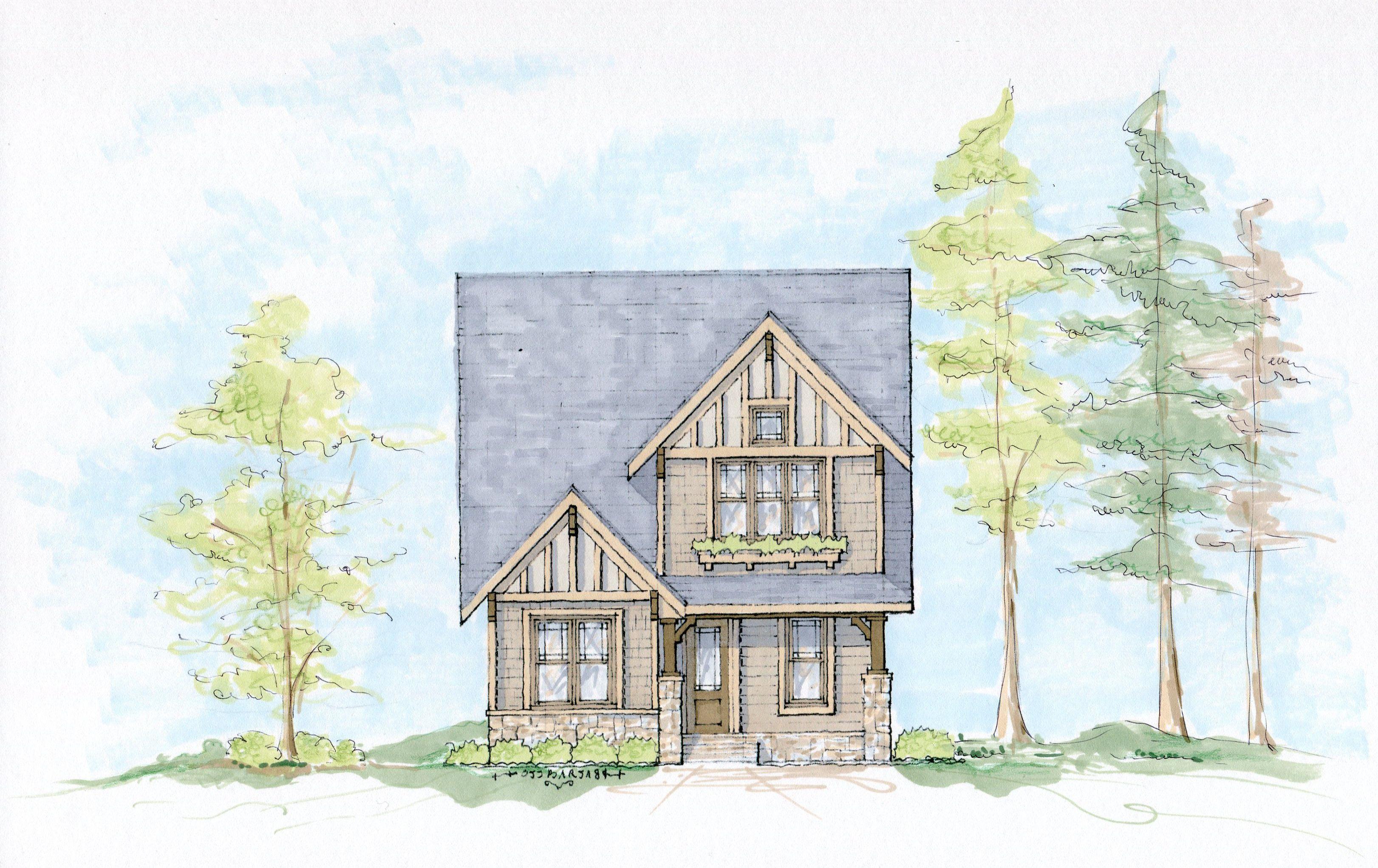 Craftsman style house plan exterior: two stories, prominent gables with timber detailing, covered front porch, and stone accents.