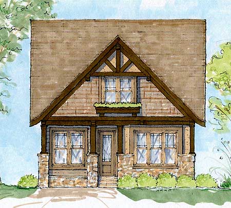 House plan exterior: Craftsman style, two stories, with stone foundation, large gable with decorative braces, and covered front porch.