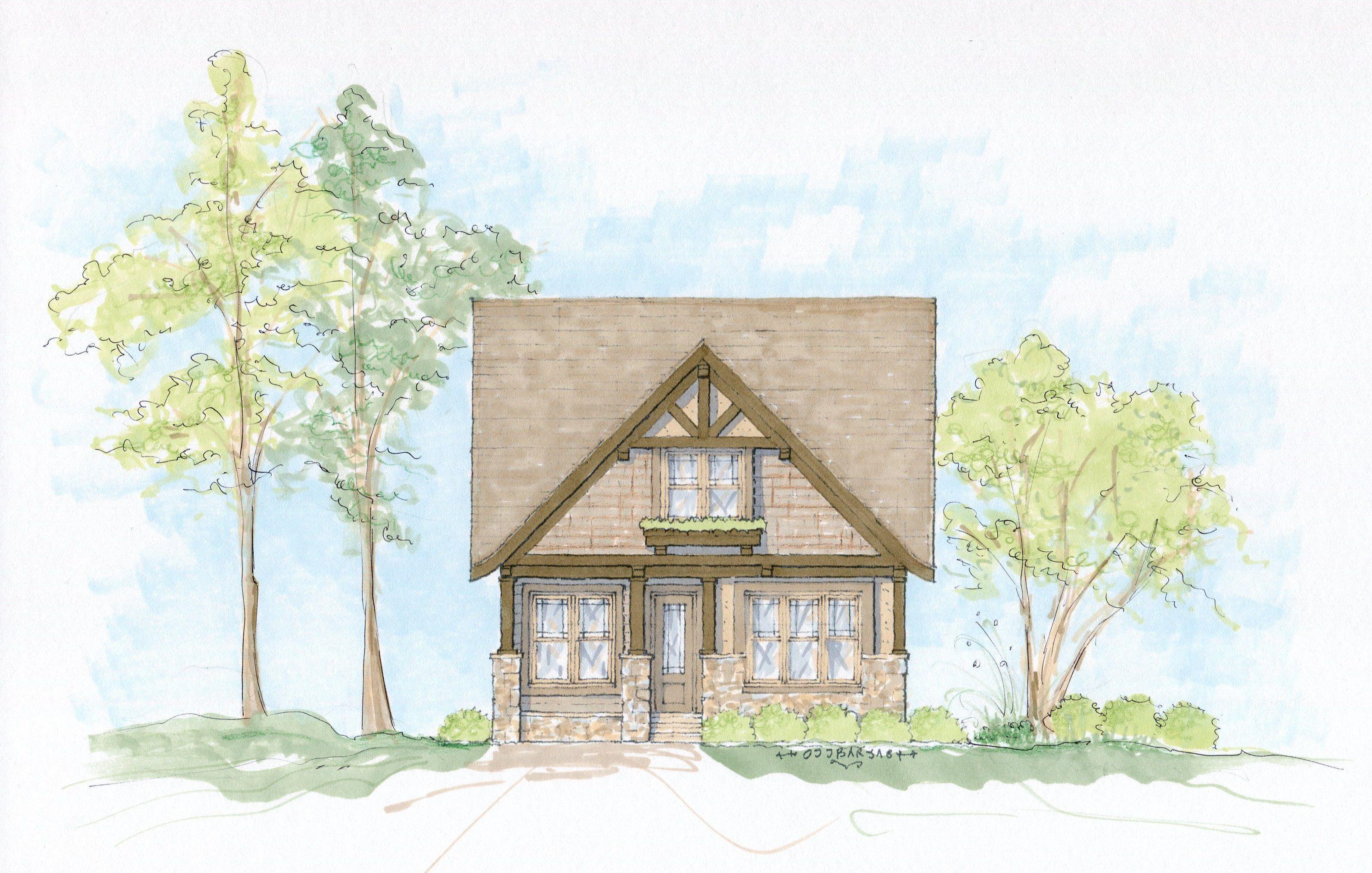 House plan exterior: Two-story Tudor-style home with stone base, prominent gable, exposed beams, and covered front porch with stone pillars.