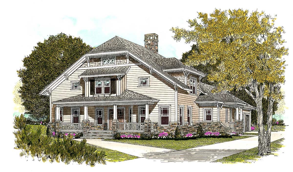 Craftsman style house plan exterior, two stories, wraparound porch, stone foundation, and prominent gables.