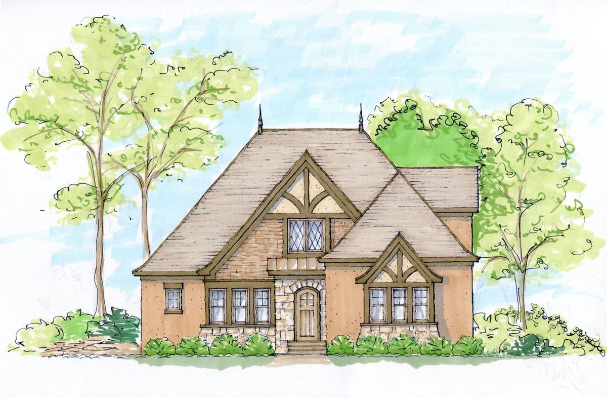 Tudor-style house plan exterior with steeply pitched roof, decorative half-timbering, stone accents, and arched entry.