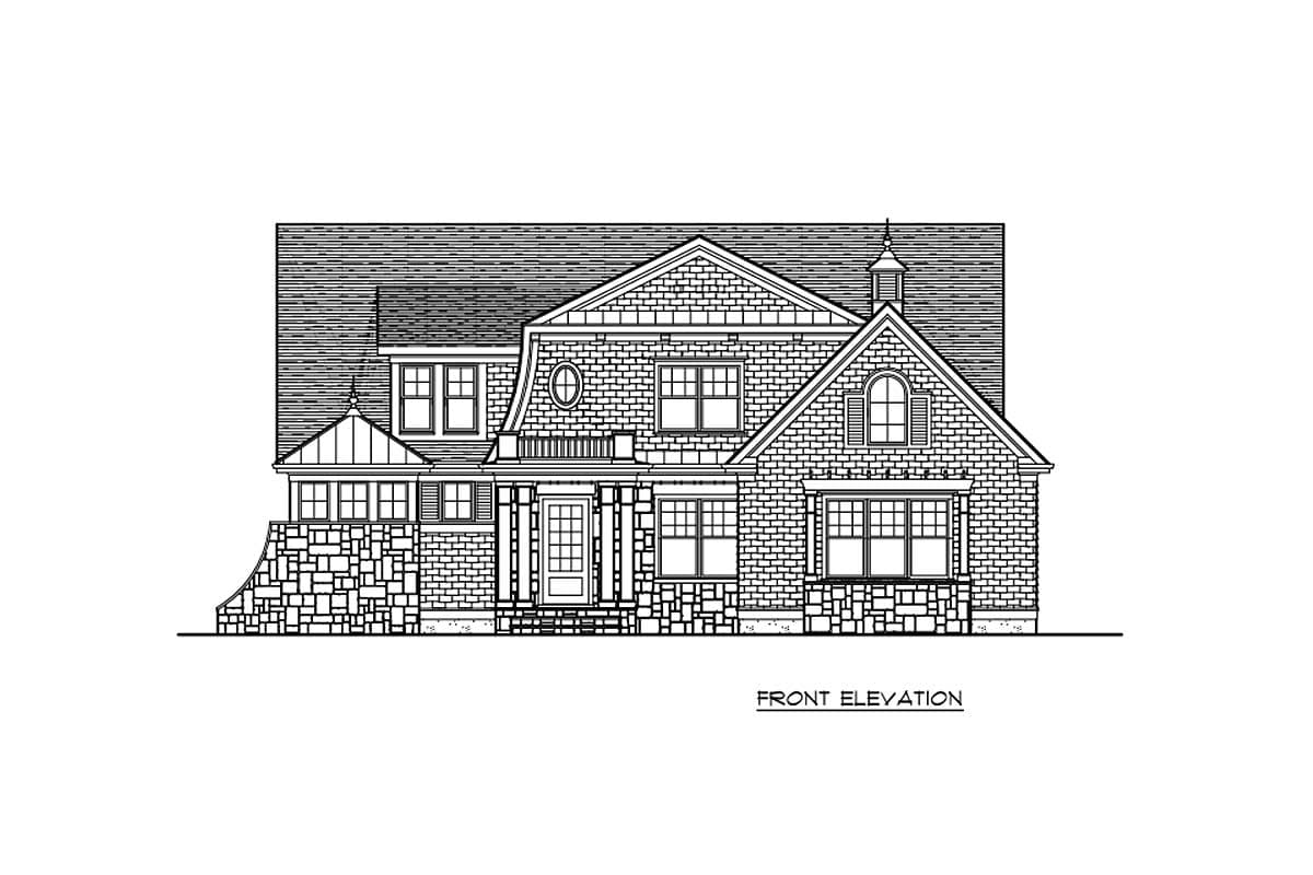 Front elevation drawing of a two-story house with brick and stone facade, prominent gables, dormers, and a covered front entrance.
