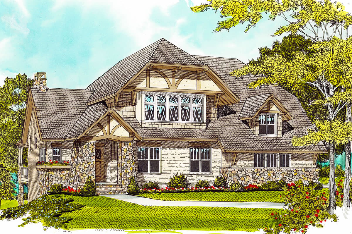 Craftsman style house plan exterior with stone foundation, gables, dormers, and a covered entry porch with stone pillars.