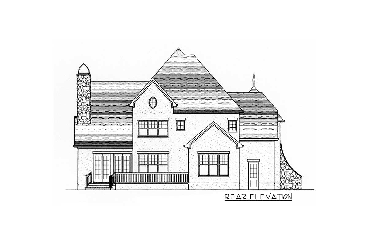 Rear elevation drawing of a multi-story house plan featuring a stone chimney, multiple gables, a deck, and varied window styles.