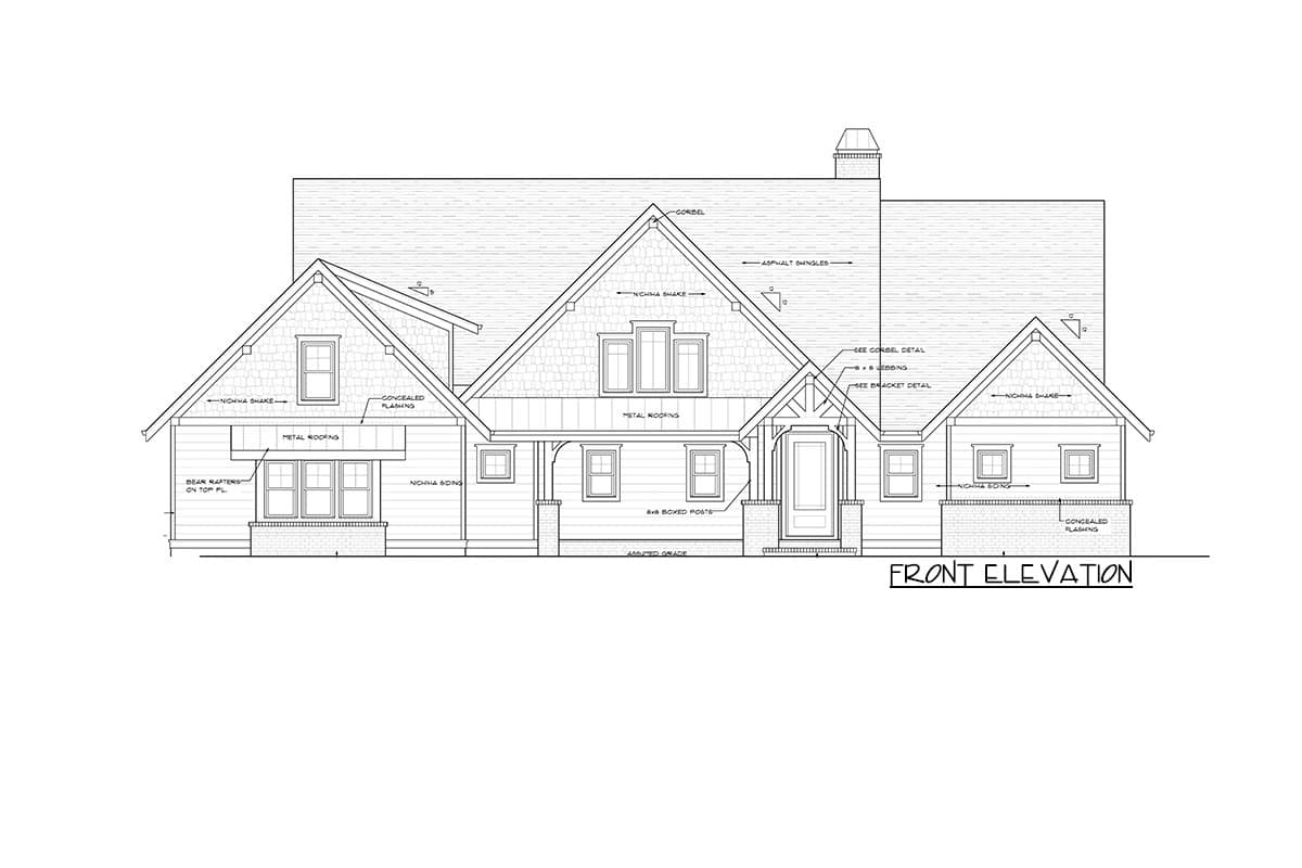 Front elevation drawing of a house plan featuring gable roofs, dormers, metal roofing, and boxed posts.
