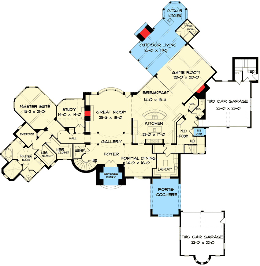 Plan 93077EL: French Country Estate House Plan - 6433 Sq Ft - Architectural Designs - Floor Plan - Main Level - European, French Country, Traditional