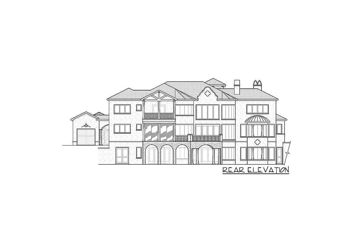 Rear elevation drawing of a large, multi-story house plan with arched loggias, balconies, and a detached garage.