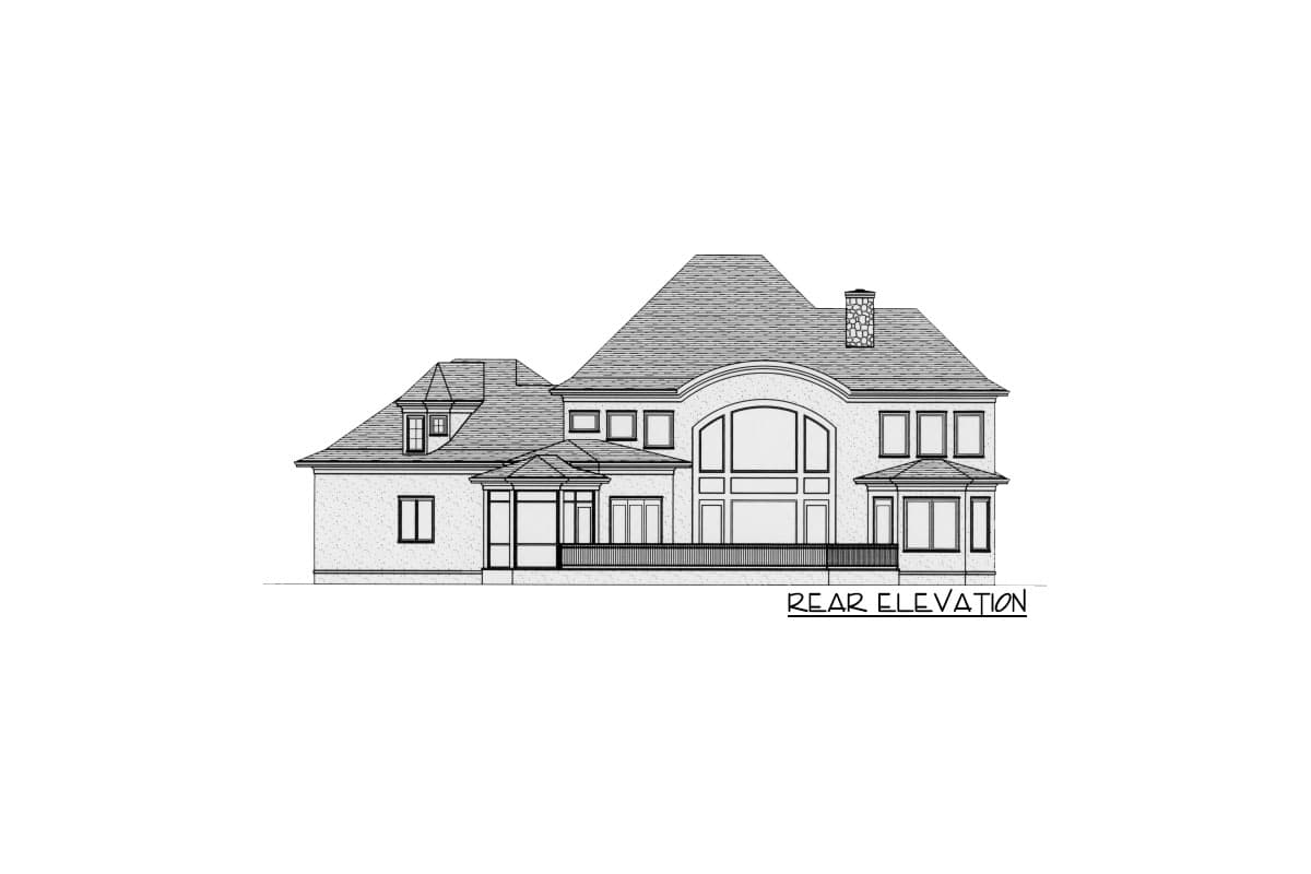 Rear elevation house plan showing a multi-story house with a prominent arched window, dormers, and a stone chimney.