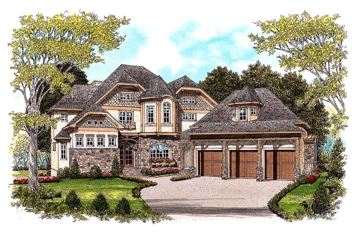 House plan exterior of a multi-story home with stone accents, multiple gables, dormers, and a three-car garage.