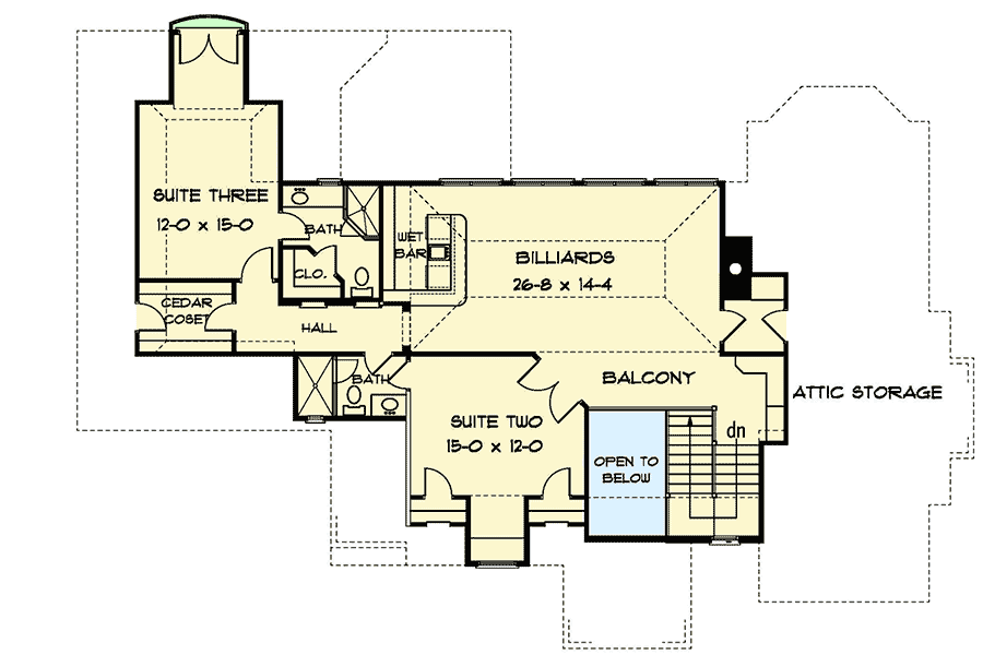 Plan 93081EL: French Country Estate with Vaulted Billiards Room - Floor Plan - 2nd Floor - European, French Country