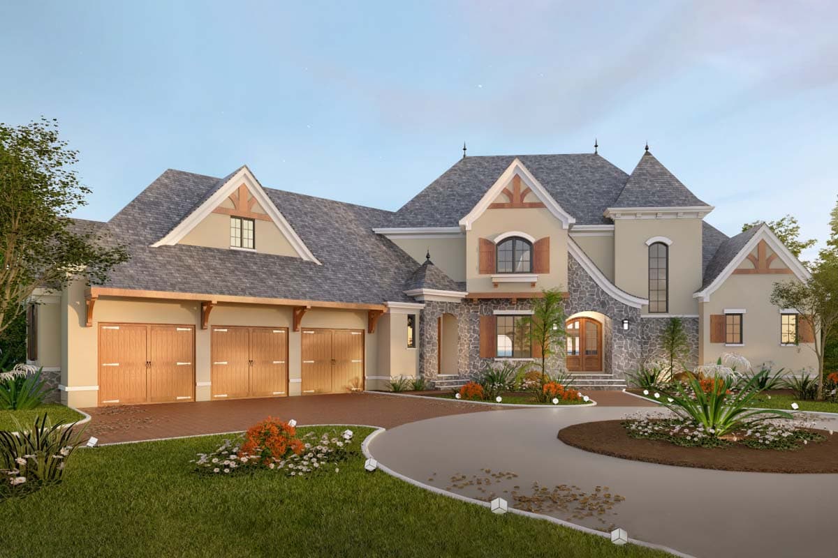 House plan exterior. Two-story with gabled roof, stone facade, and arched windows. Features include a three-car garage and a circular driveway.