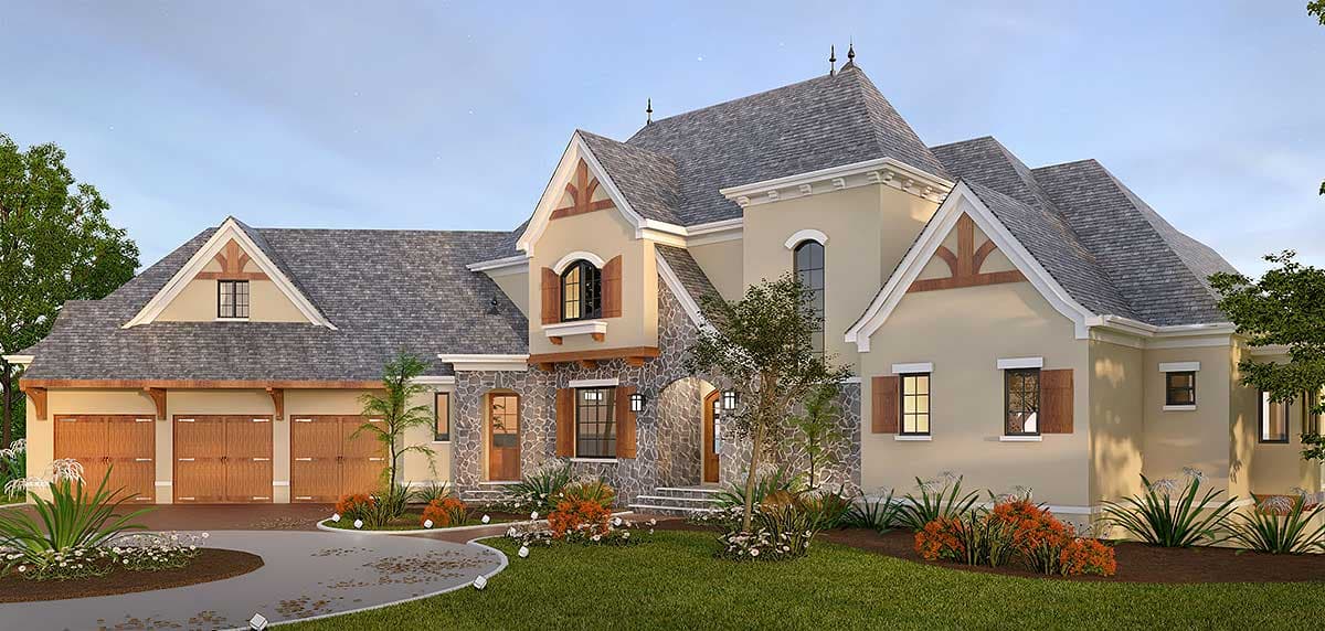 House plan exterior: Two-story home with stone accents, multiple gables, dormers, and a three-car garage.