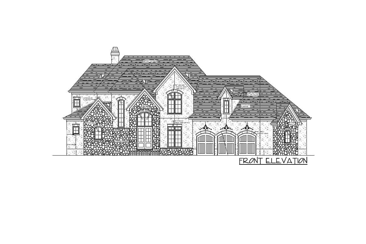 Front elevation architectural drawing of a two-story house with stone accents, arched windows, and a four-car garage.