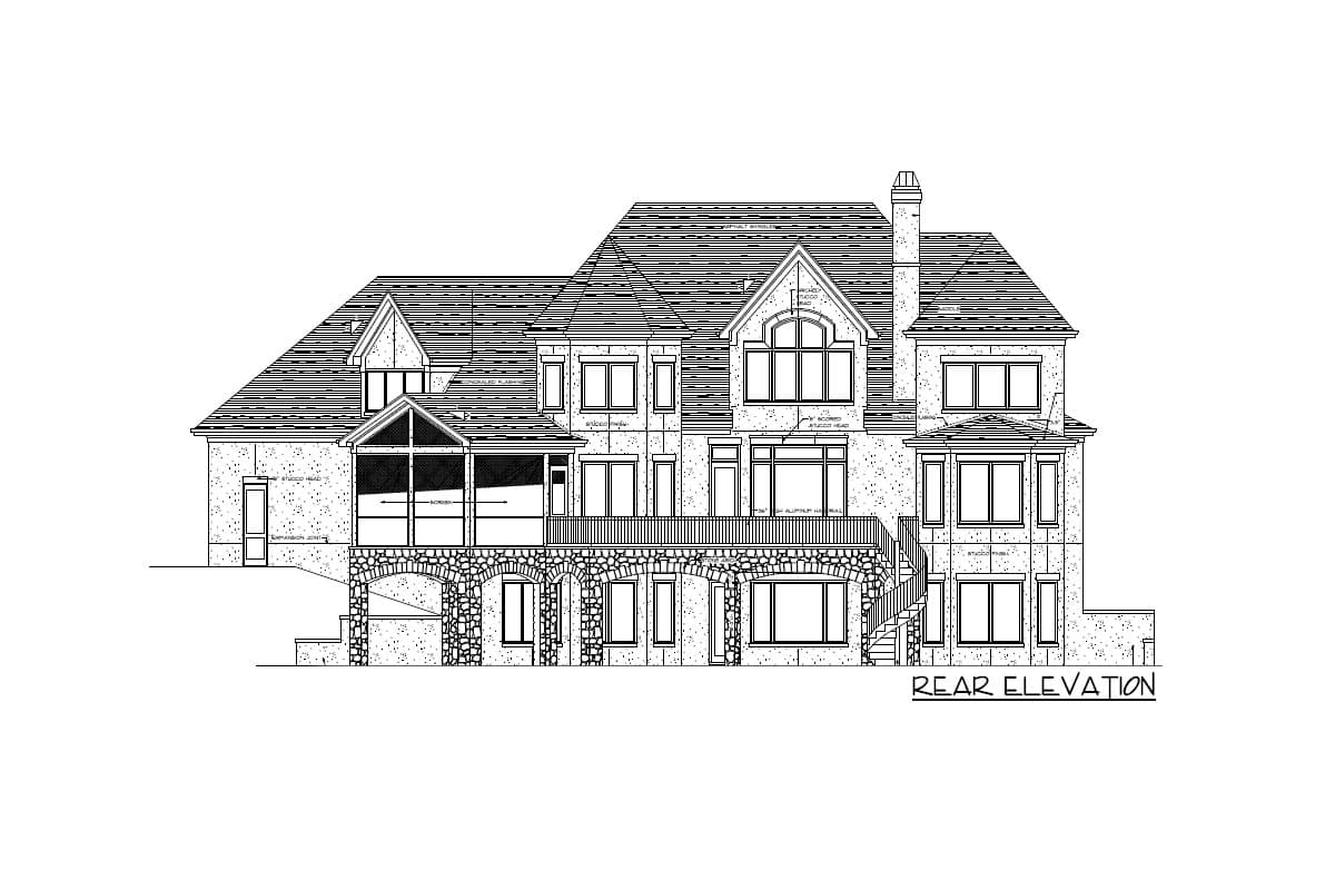 Rear elevation drawing of a multi-story house with a screened porch, stone arches, and a balcony.