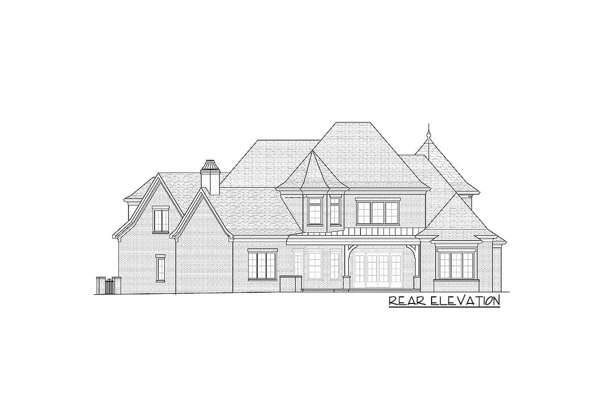 Rear elevation house plan drawing showing a multi-story brick home with a complex roofline, dormers, and a covered patio.