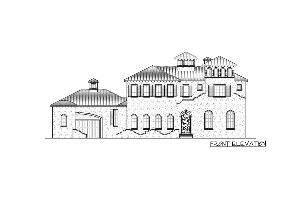 Front elevation drawing of a house with a tiled roof, arched windows, a detached garage, and decorative entrance gate.