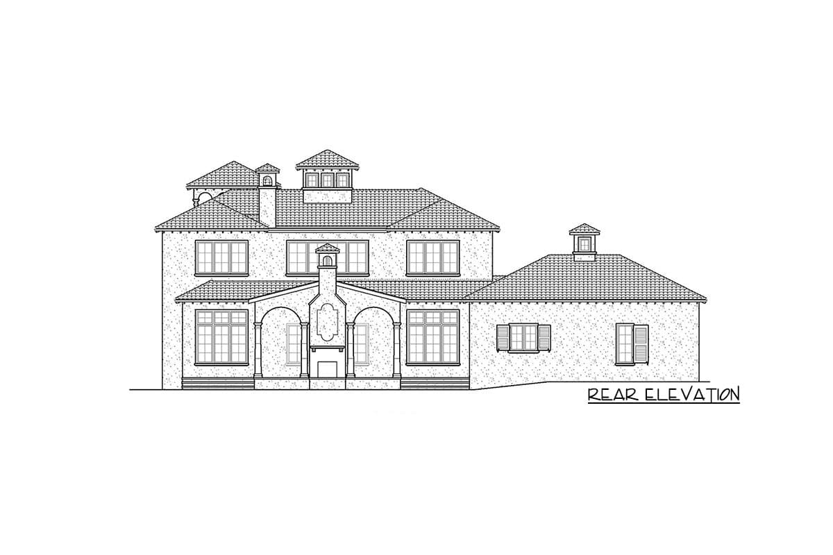 Rear elevation drawing of a two-story house plan with a tiled roof, multiple gables, dormers, arched loggia with fireplace, and a cupola.