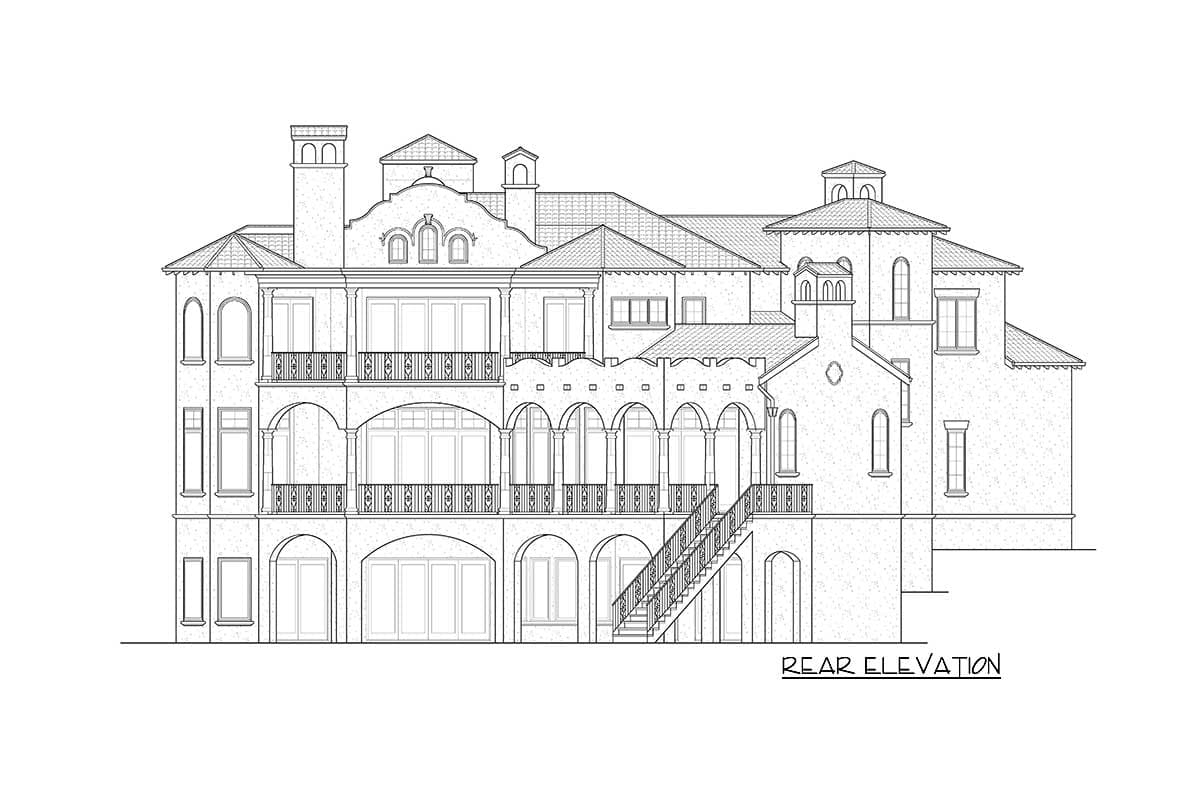Rear elevation drawing of a multi-story house plan with arched loggias, balconies, and multiple rooflines.