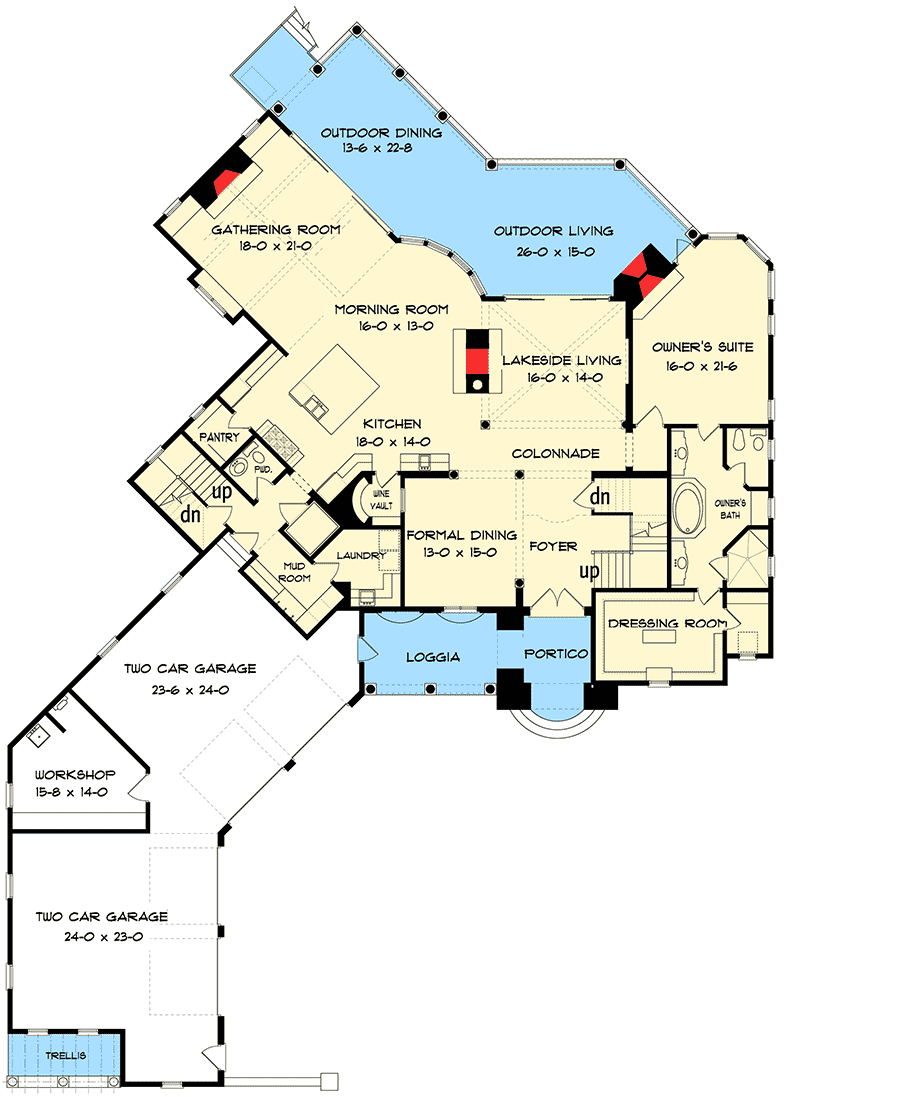 Plan 93091EL: Striking Mediterranean Mansion - Floor Plan - Main Level - Florida-Style, Mediterranean, Spanish