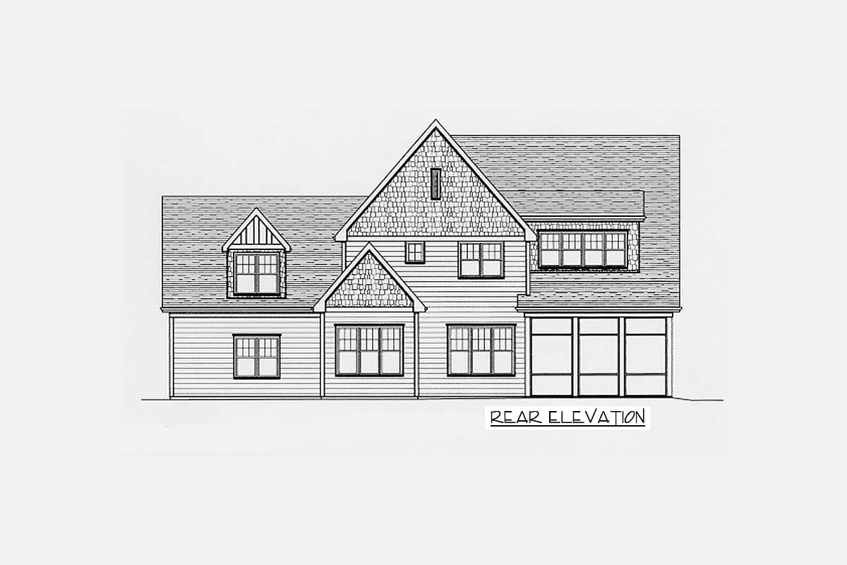 Rear elevation house plan with multiple gables, dormers, and a sunroom.