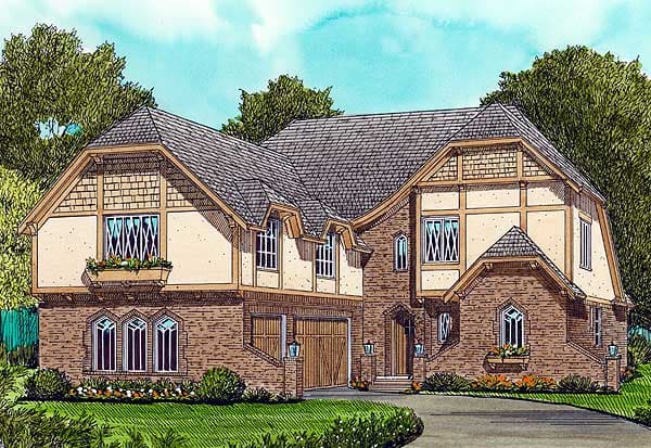 House plan exterior: Tudor style, two stories, brickwork, multiple gables, decorative half-timbering, and dormer windows.