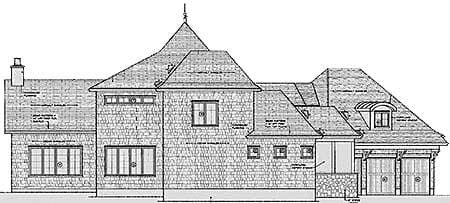 Architectural drawing of a house plan exterior, showing a complex roofline, gables, dormers, and a side-entry garage.