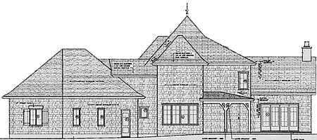 House plan exterior elevation showing multi-story rooflines, dormers, covered porch, and multiple windows.