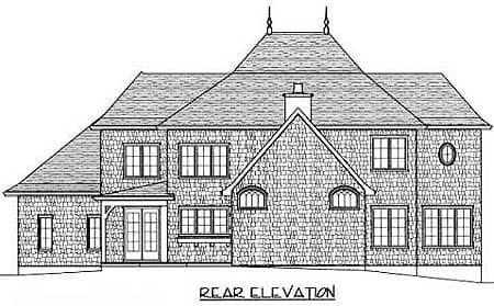 Rear elevation drawing of a two-story house plan featuring a mansard roof, multiple gables, dormers, and a central chimney.