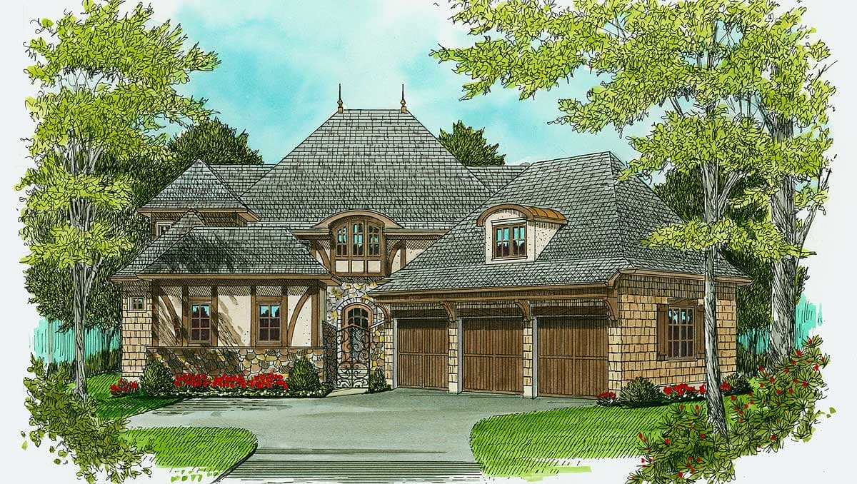 House plan exterior featuring a complex roofline, stone and wood exterior, dormer window, and a three-car garage.