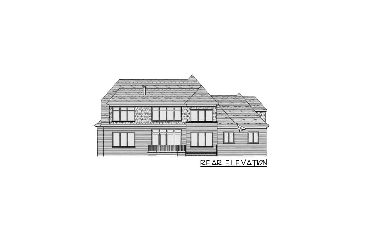 Rear elevation drawing of a multi-story house plan with varied rooflines, numerous windows, and a central balcony.