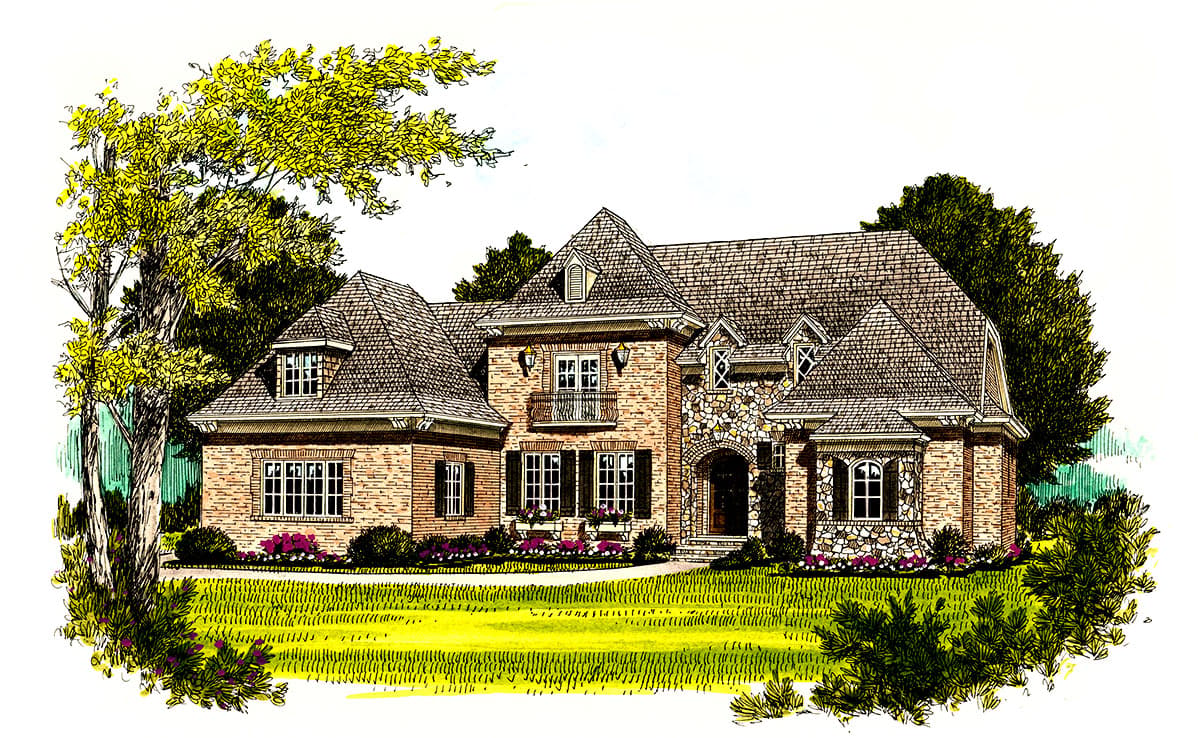 House plan exterior showing a two-story brick home with stone accents, multiple gables, dormers, and a central arched entryway.