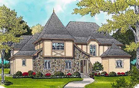 House plan exterior: two-story Tudor style home with stone facade, prominent gables, and steep rooflines.