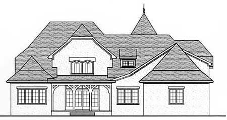 House plan exterior drawing of a two-story house with a central dormer, multiple gables, and a covered entry porch with decorative supports.
