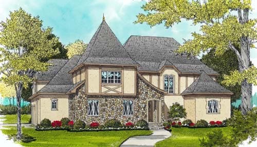 House plan exterior with stone facade, prominent turret roof, multiple gables, and decorative half-timbering.