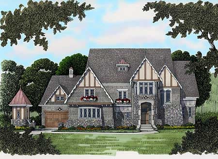 House plan exterior of a two-story Tudor-style home with stone and shingle facade, prominent gables, dormers, and a detached gazebo.