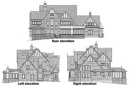 Rear, left, and right elevations of a multi-story house plan with gables, dormers, and stone accents.