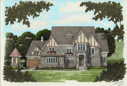 House plan exterior, Tudor style, two stories, stone facade, prominent gables with half-timbering, and attached garage.